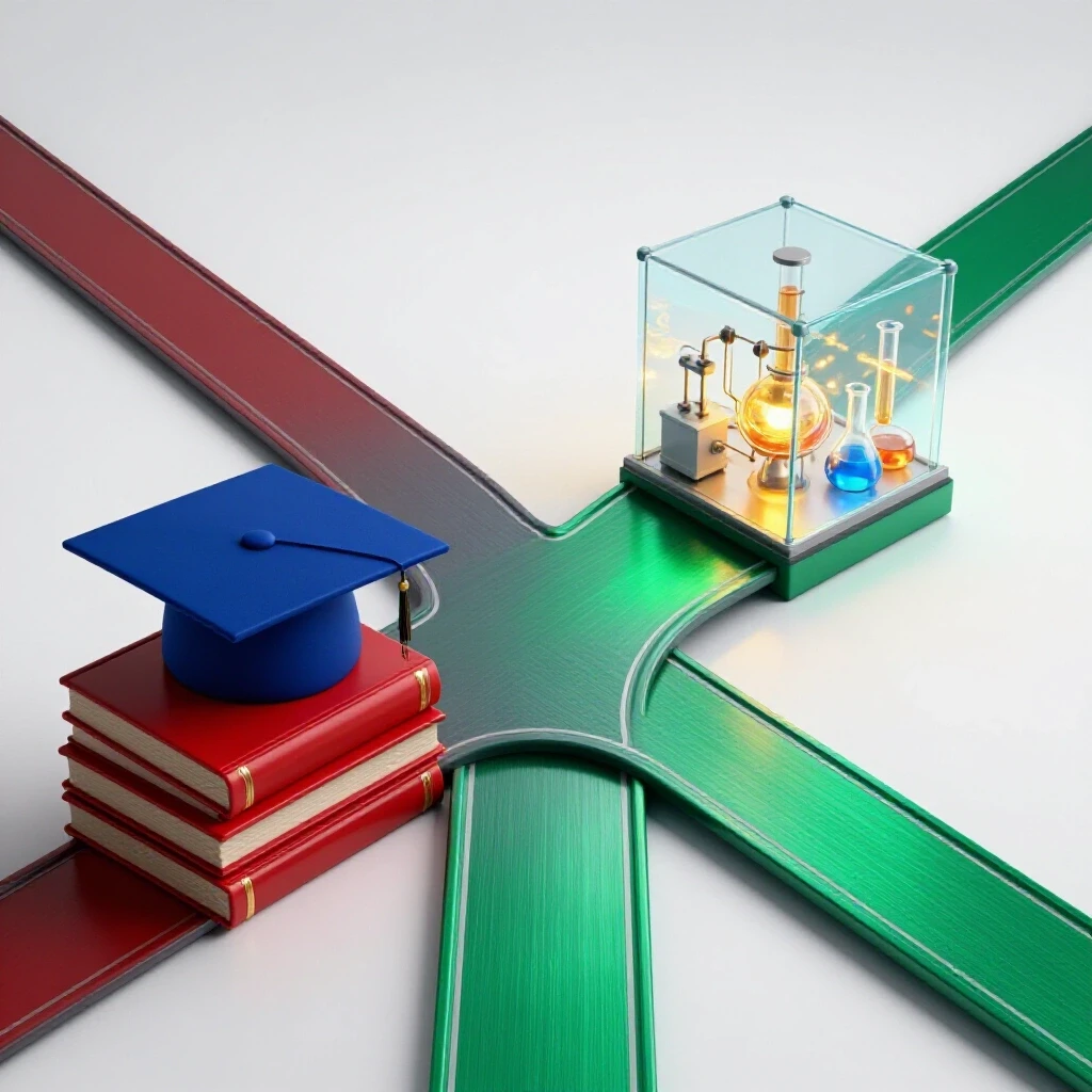 A crossroads splits toward a graduation cap on books and a glowing research lab symbolizing career choices.