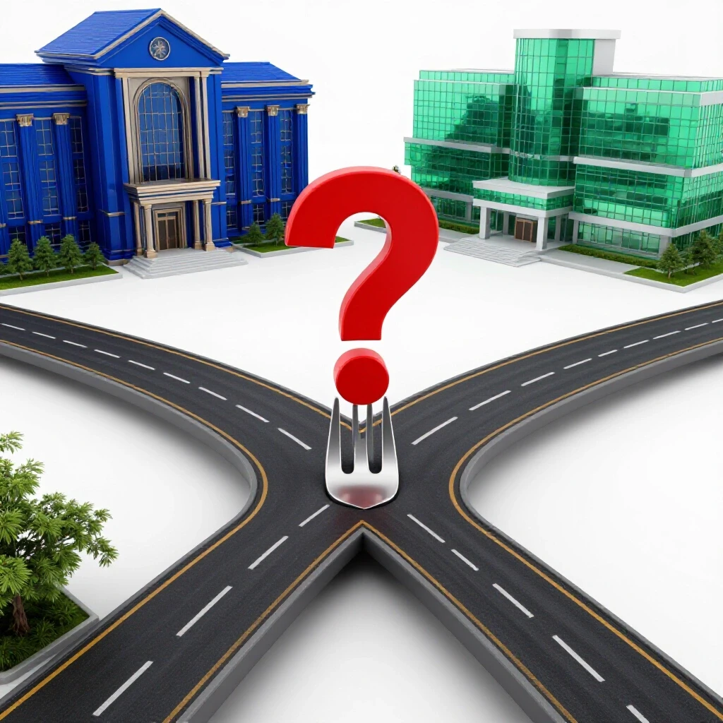 A glossy forked path splits toward an academic building and a hospital, with a bold question mark at the crossroads.