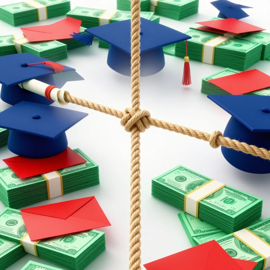 Tug-of-war with graduation caps and diplomas on one side, cash stacks and offer letters on the other, set on a bright studio background.