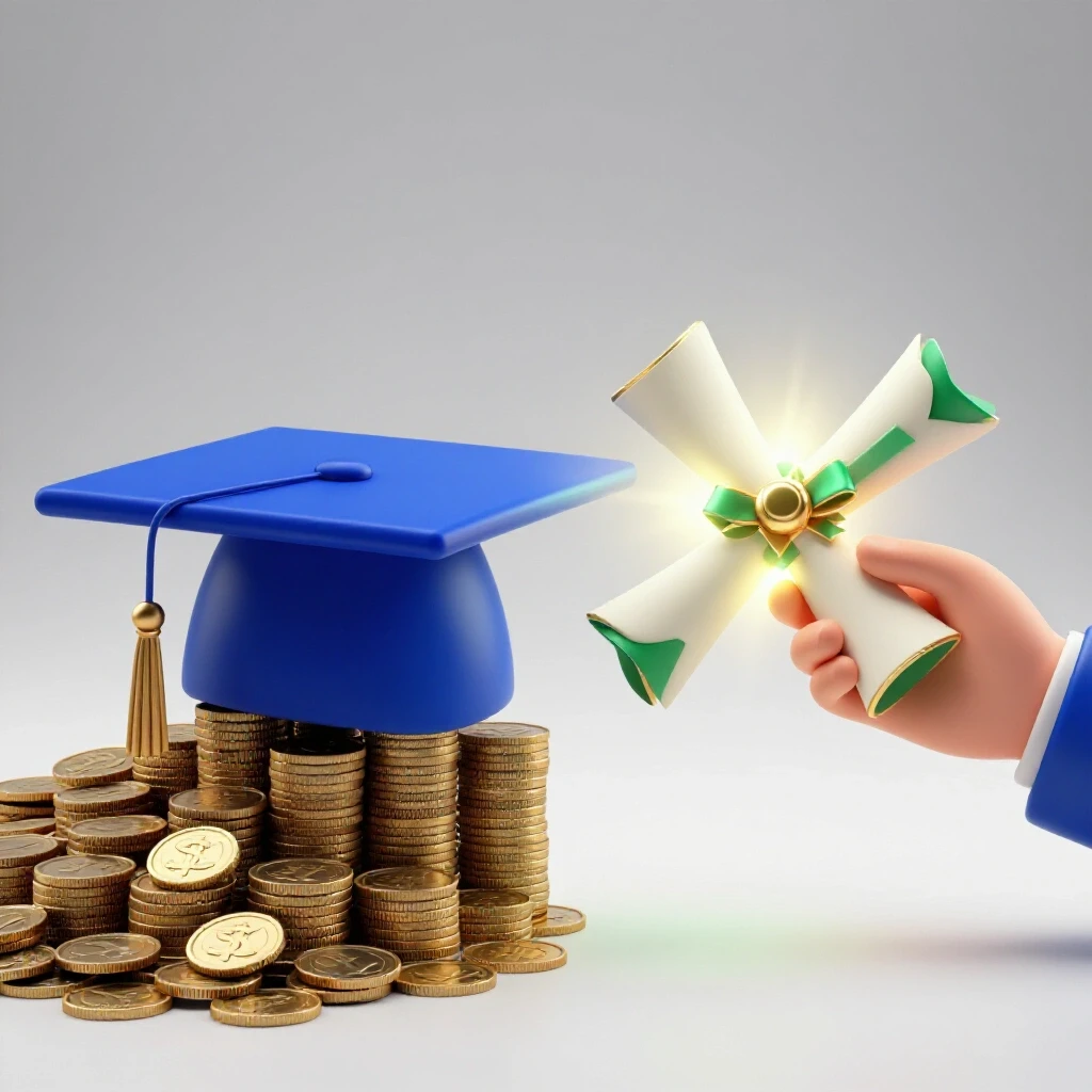 Split scene shows a royal blue graduation cap weighed down by coins beside a hand lifting a glowing scholarship certificate.