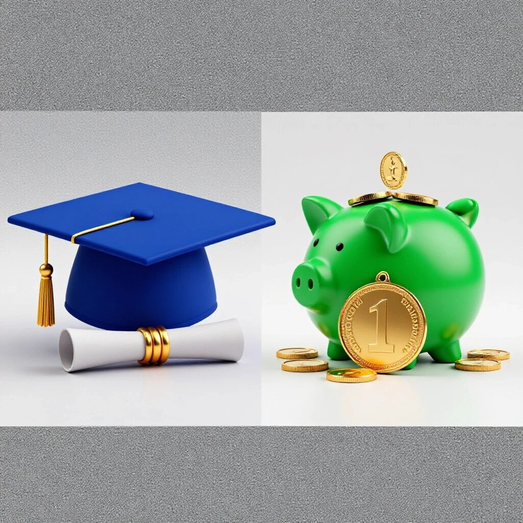 Split image of a glossy graduation cap and diploma contrasted with a golden scholarship medal and piggy bank on a bright background.