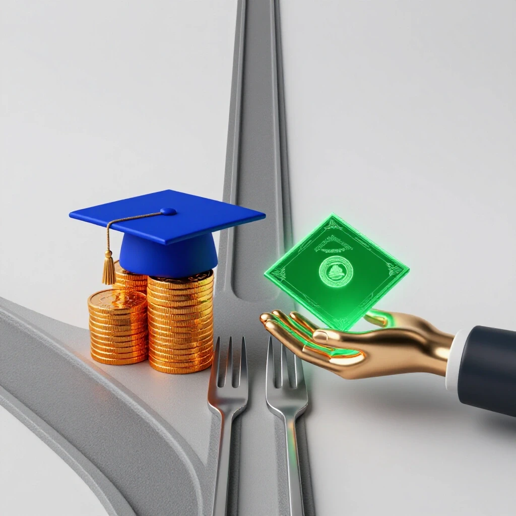 A forked path with a graduation cap on coins on one side and a glowing scholarship certificate received by a hand on the other, set on a bright clean background.