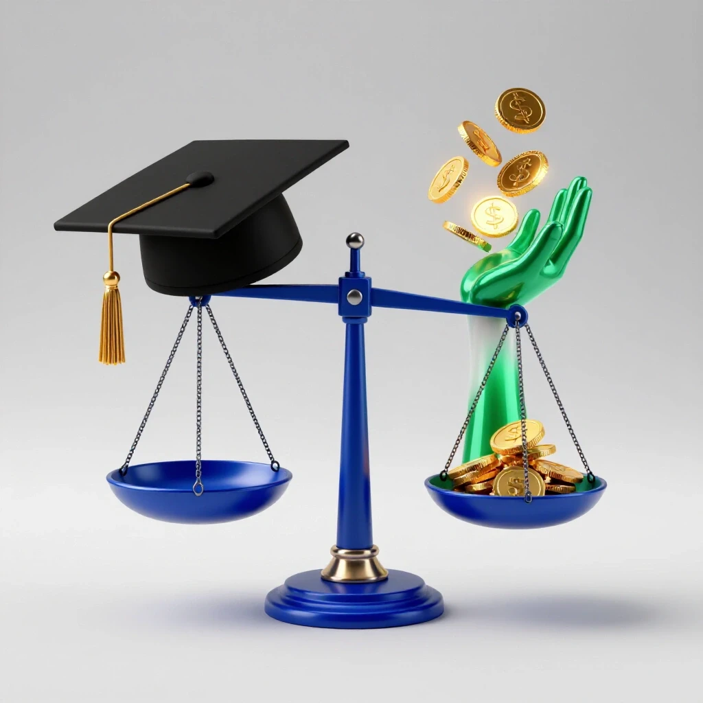 A balanced scale split between a graduation cap weighing down one side and golden coins with a helping hand raising the other, against a bright white background.