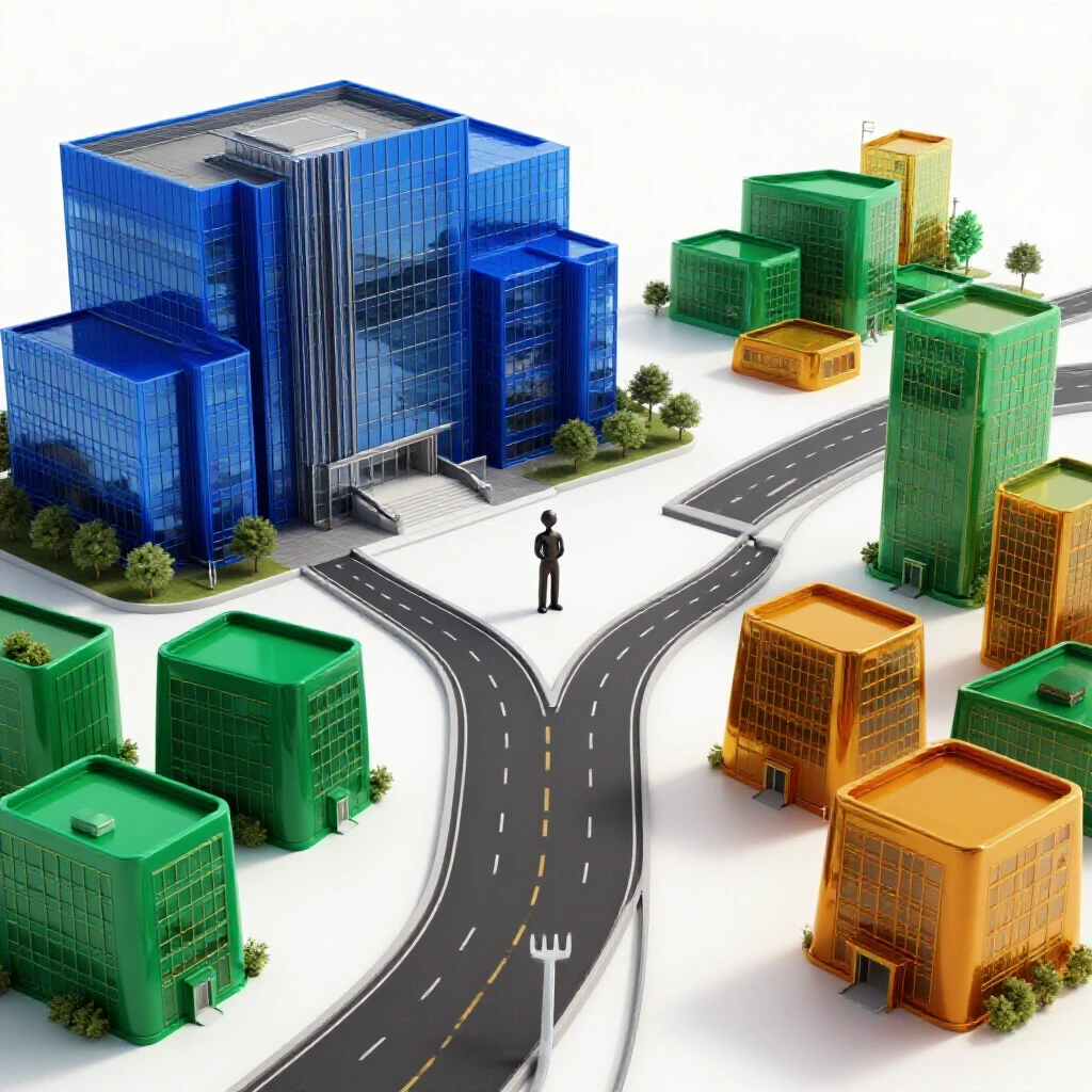 A forked road at a crossroads with a majestic university building on one side and colorful modern offices on the other, under bright lighting with clear distinctions between paths.