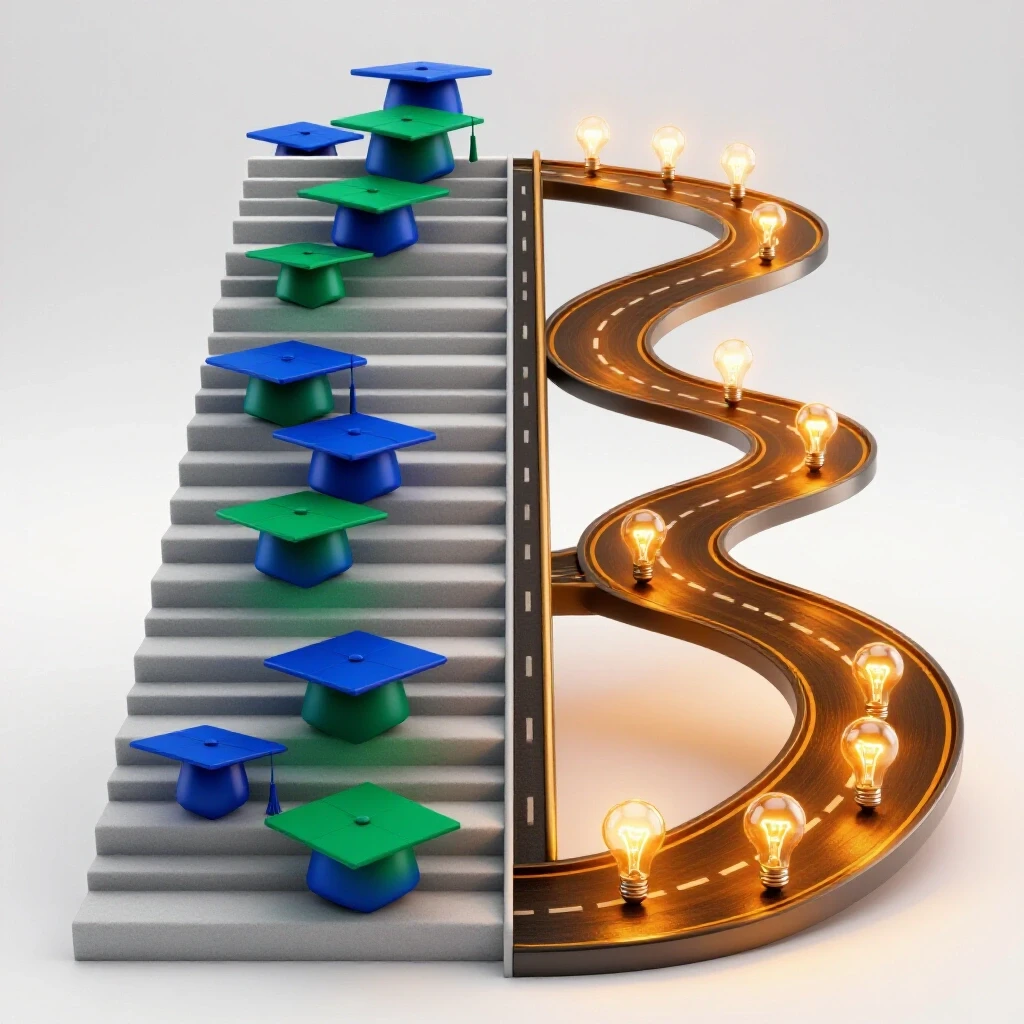 Split scene showing a staircase with graduation caps on one side and a winding road with glowing lightbulbs on the other, contrasting stability with risk.