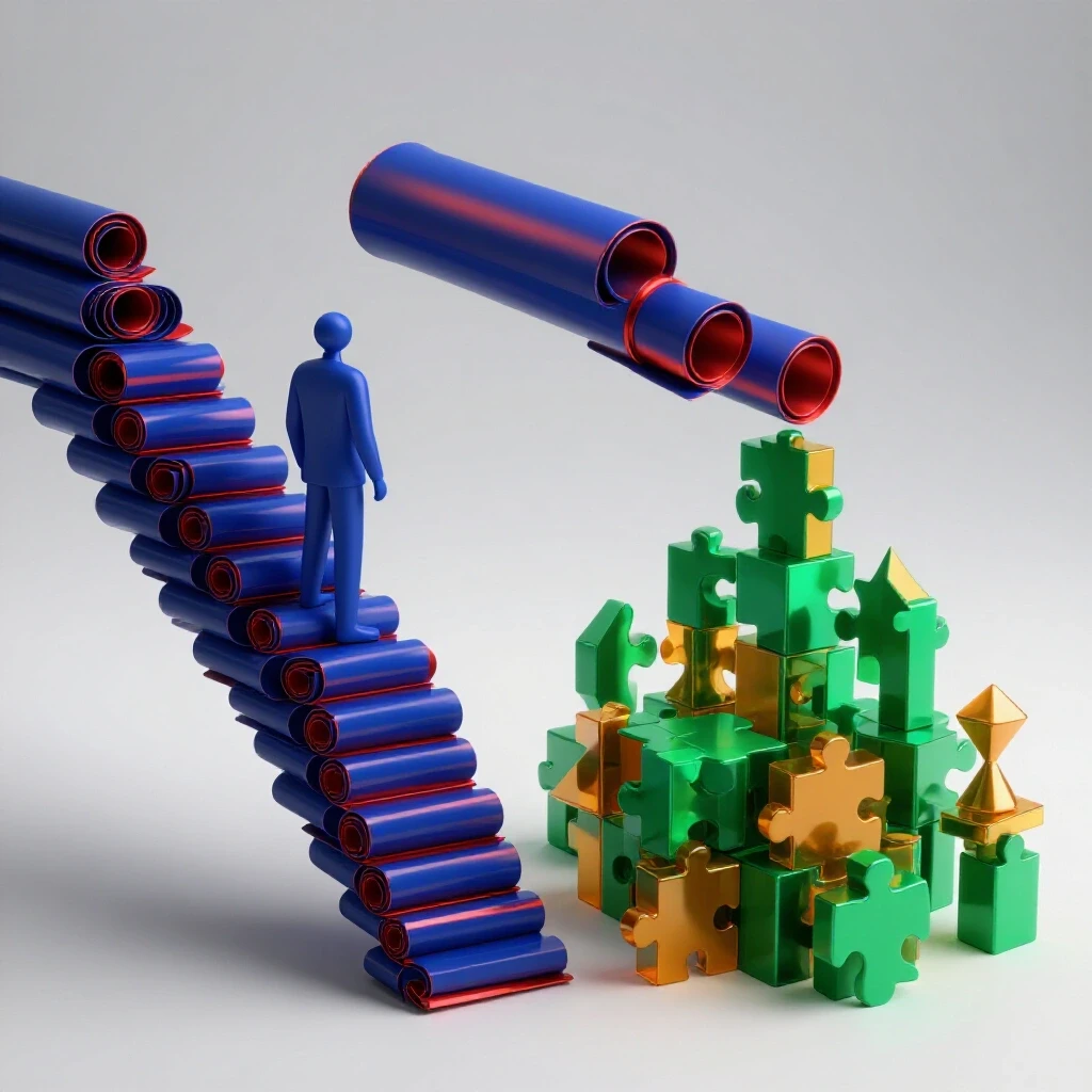 Split scene showing a diploma staircase beside a group building a rising platform with bold puzzle pieces.