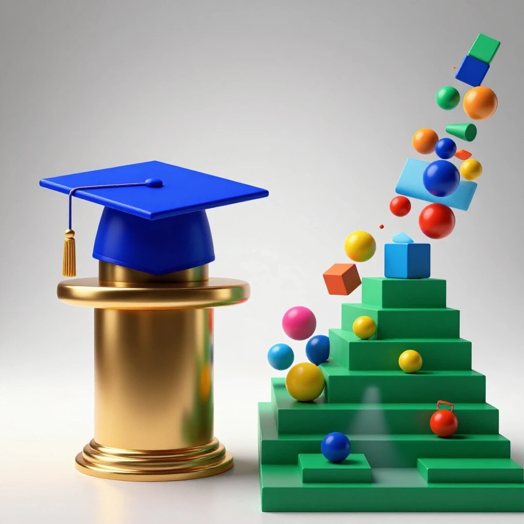 Split scene with graduation cap on podium contrasted with geometric team shapes climbing stairs in bright setting