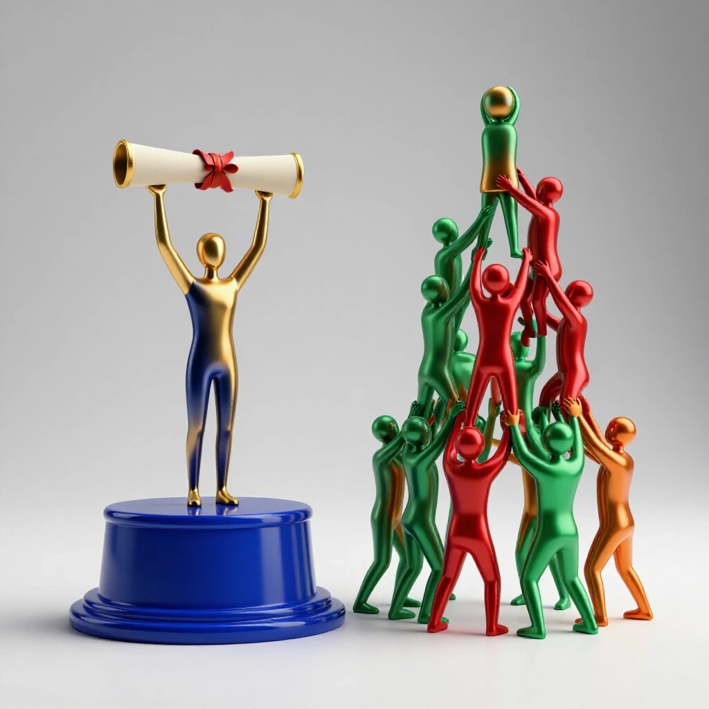 Split scene showing a lone figure with diploma on pedestal beside a group working together to lift each other up