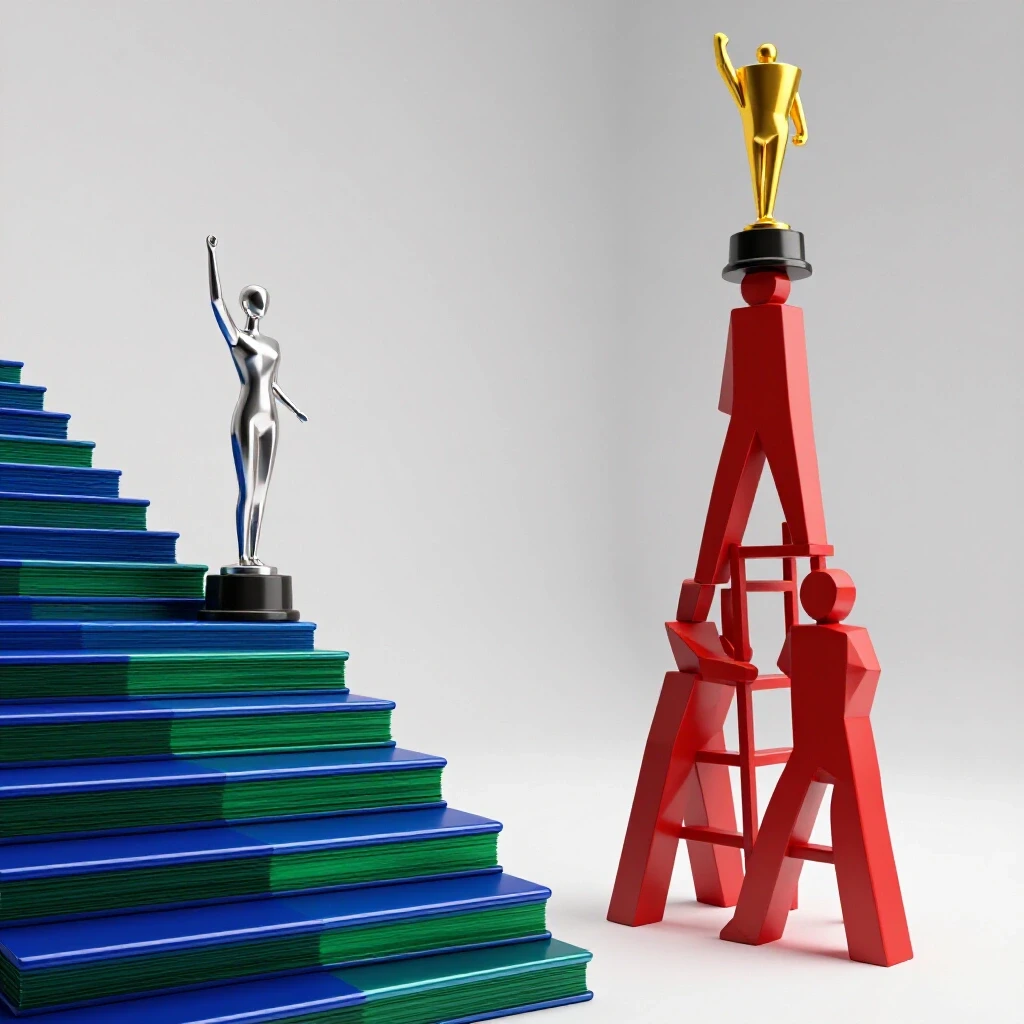 Split scene with stacked diplomas forming stairs on one side and geometric figures creating a ladder on the other, in a clean white studio setting.