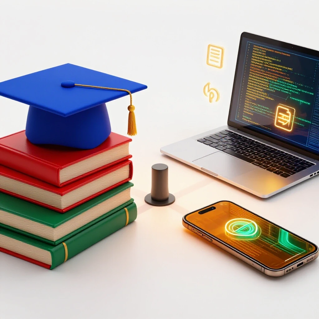 Split scene with academic symbols on one side and vibrant tech gadgets with coding icons on the other, separated by an abstract crossroads pedestal in a bright white studio.