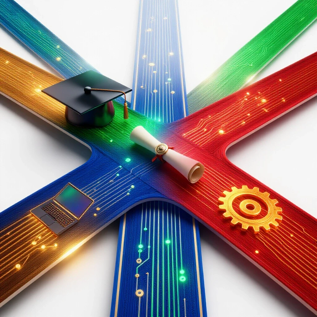 A bright crossroads with a graduation cap and diploma on one path, vibrant tech icons on the other, both leading to a glowing horizon.