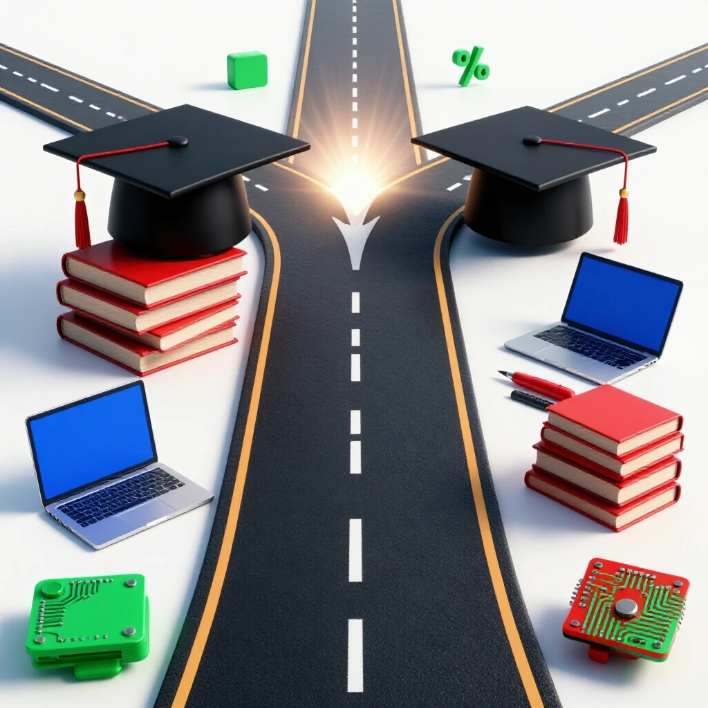A forked road leads to a bright horizon, one path lined with academic symbols and the other with tech icons.