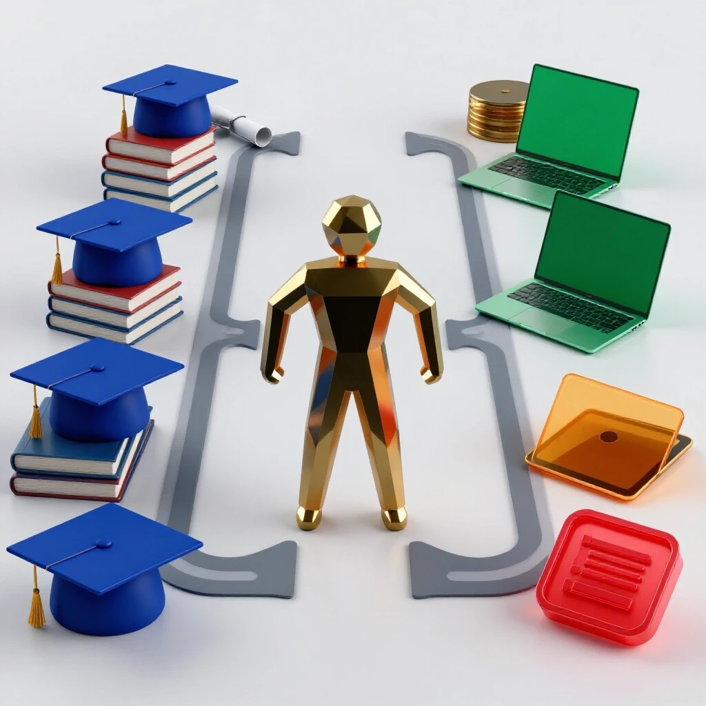 A split path with academic symbols on one side, tech devices on the other, and a central symbolic figure stepping from academia toward tech.