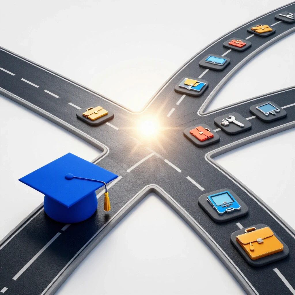 Crossroads with graduation cap and job icons on split paths leading to a bright horizon, evoking career choices