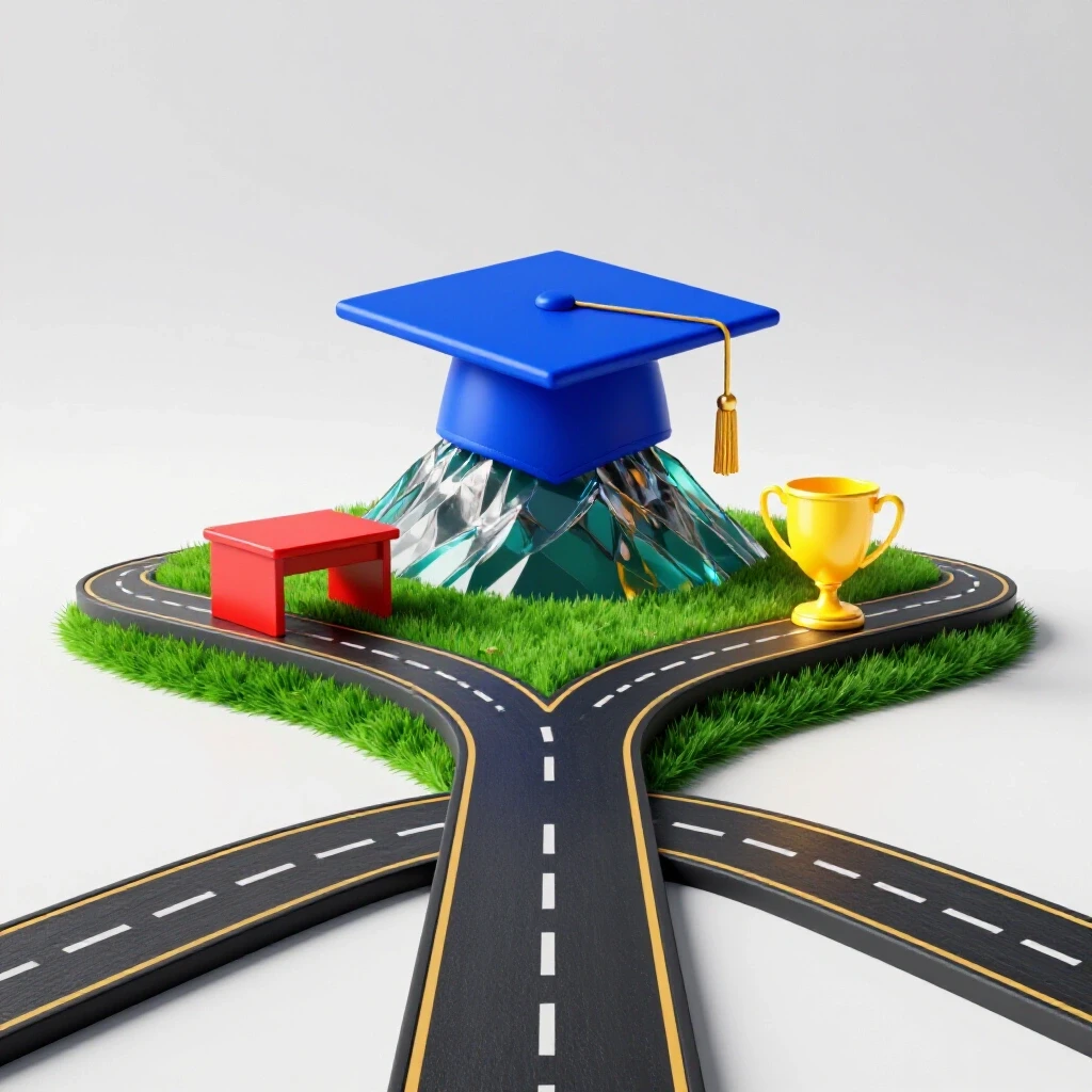 A forked road leads to a graduation cap on a mountain and a sunlit field with symbolic career objects, highlighting career choices.