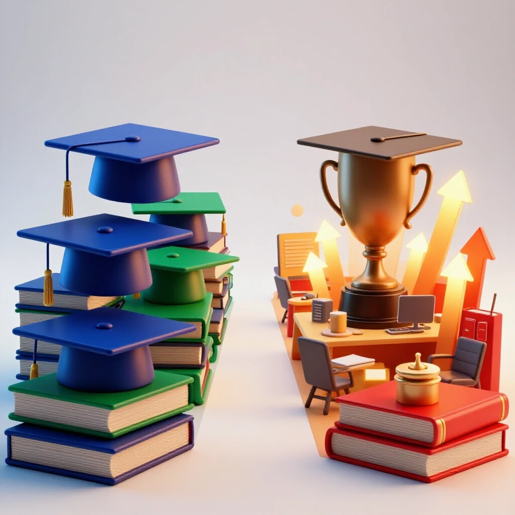 Split path with academic symbols on one side and a vivid workspace scene on the other, set against a bright background.