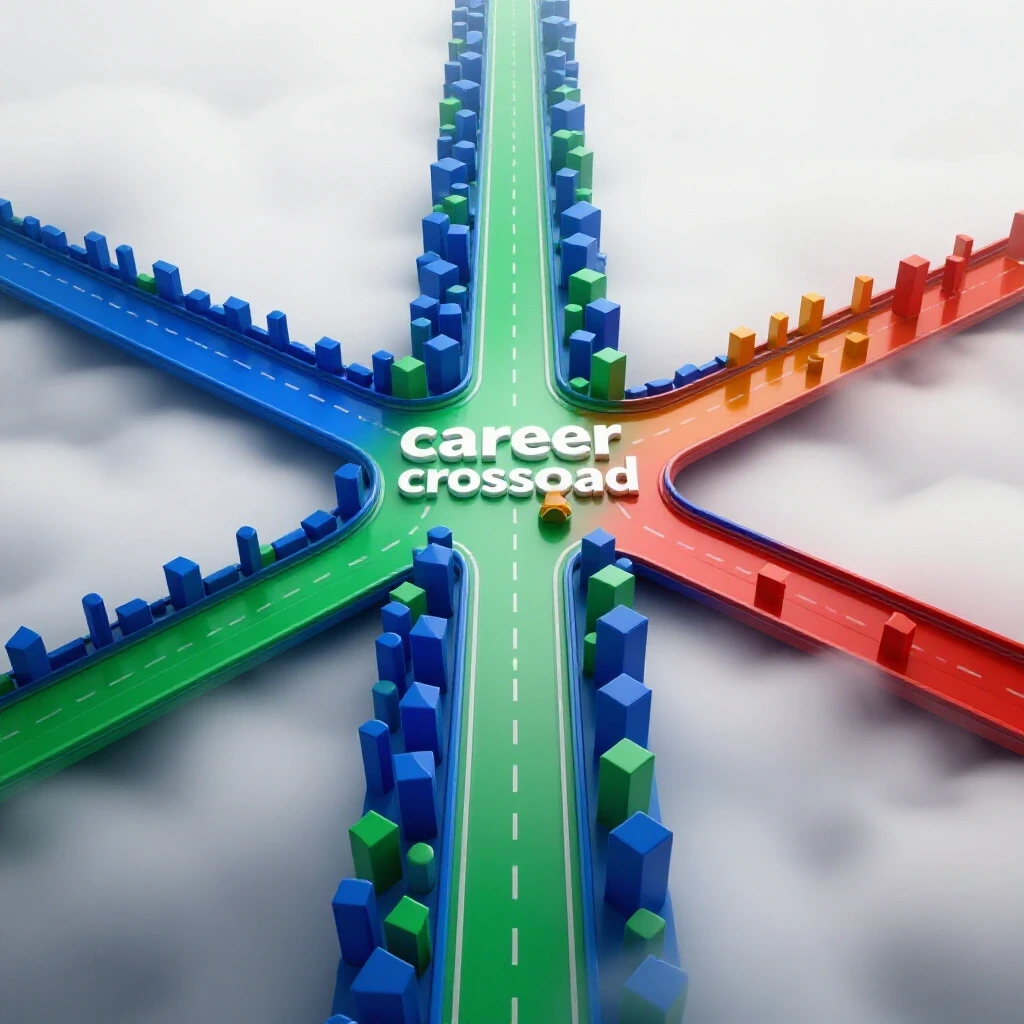 Glossy crossroads with vivid paths diverging—one crowded and brightly lit, the other fading into fog, symbolizing career direction uncertainty.