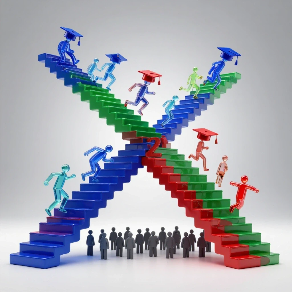 Colorful diplomas and graduation caps form a staircase ascending upward, with abstract figures climbing quickly while others remain below, all set against a bright background.