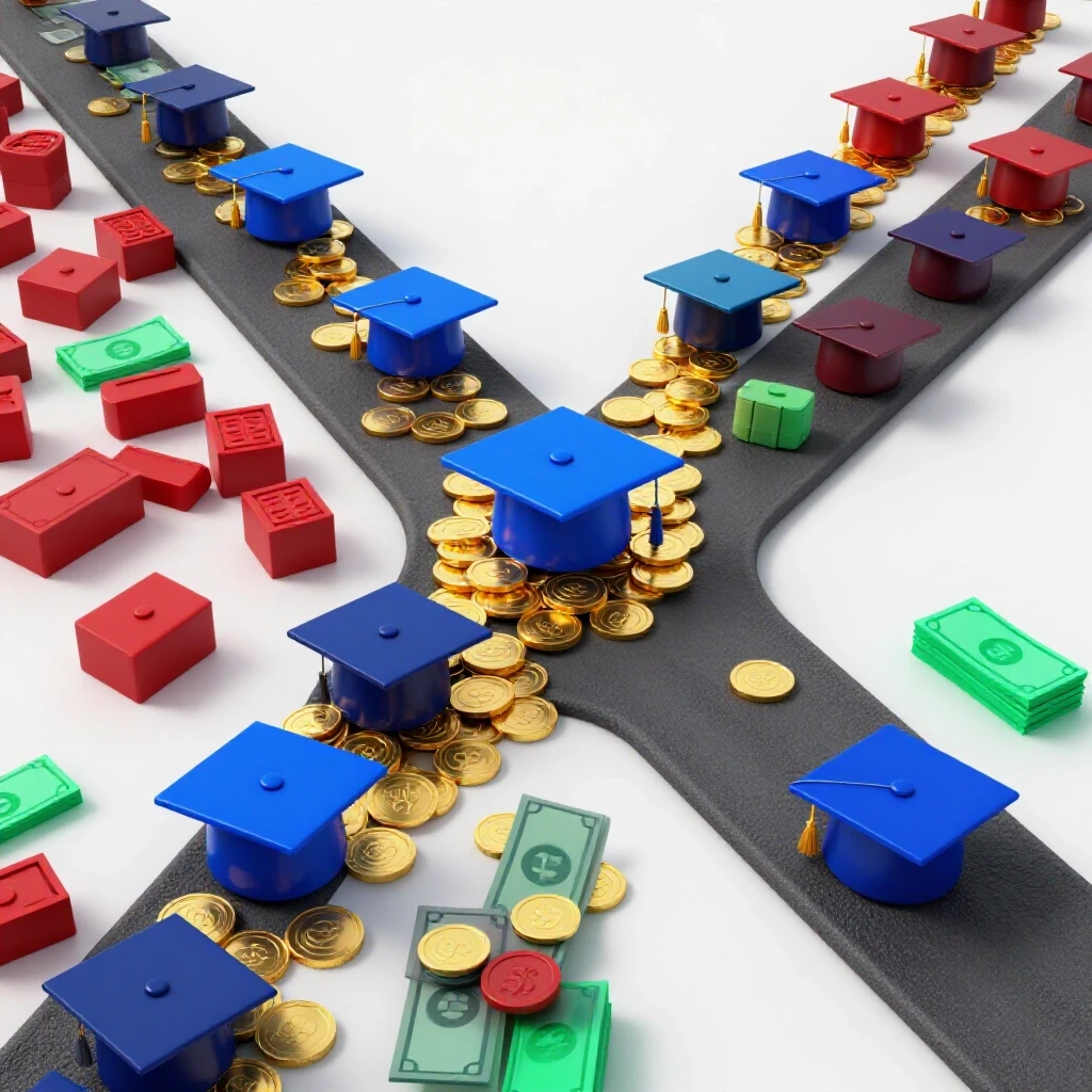 Glossy graduation caps and gold coins on one path, hidden expenses on another, at a crossroads under bright background