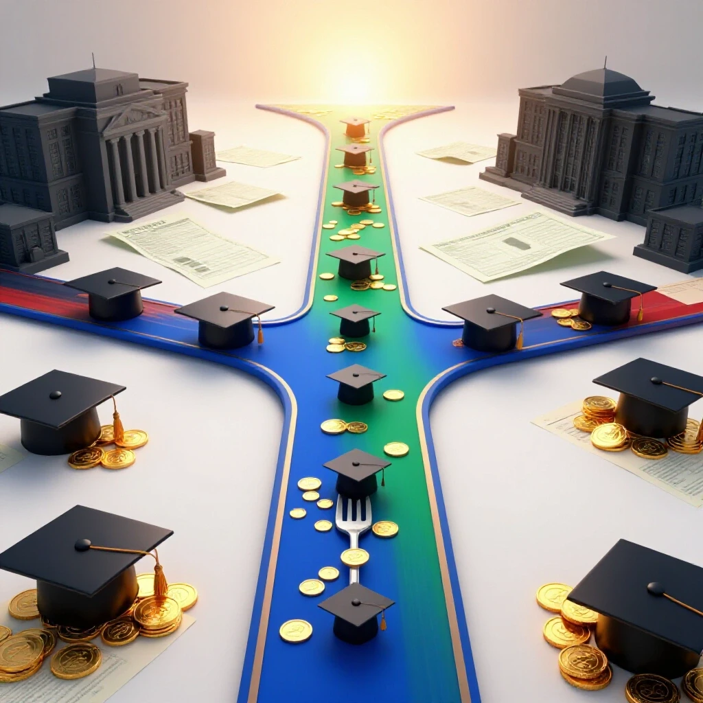 A crossroads with graduation caps and coins on one path, tuition bills and dim university buildings on the other.