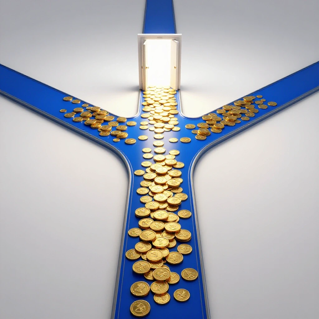 Crossroads with one path of golden coins leading to a bright doorway and another shadowed, winding path.
