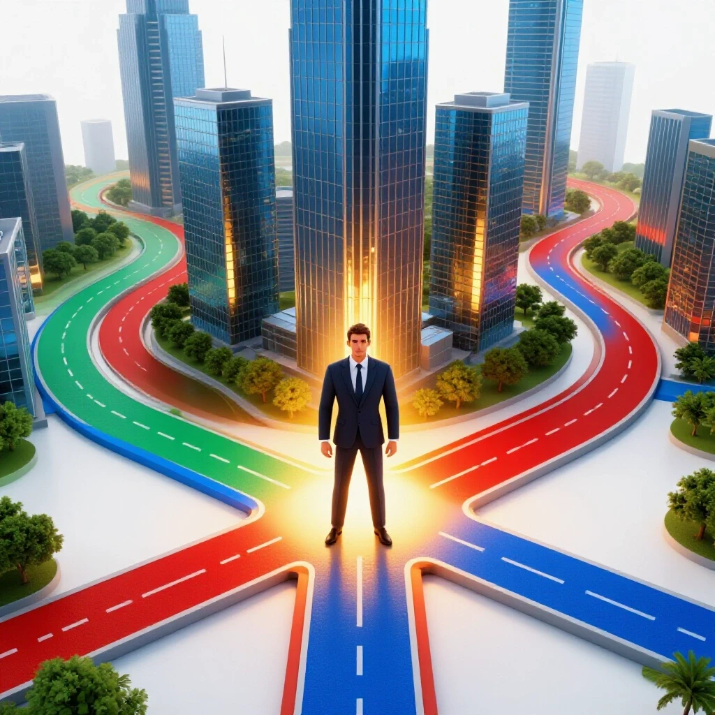A confident professional figure at a vibrant crossroads leading to a modern city skyline, vivid paths diverging