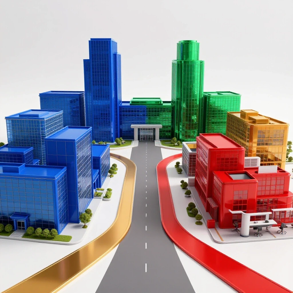 Two divergent paths split at a decision point, leading to office buildings on one side and academic structures on the other.