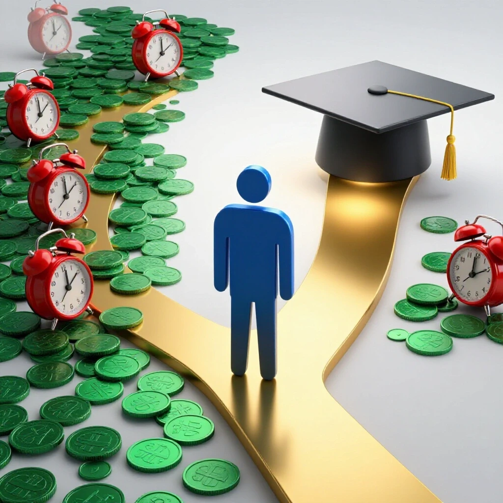 A student figure stands at a forked path—one golden and smooth leading to a graduation cap, the other uphill with oversized coins and clocks representing delayed graduation costs.