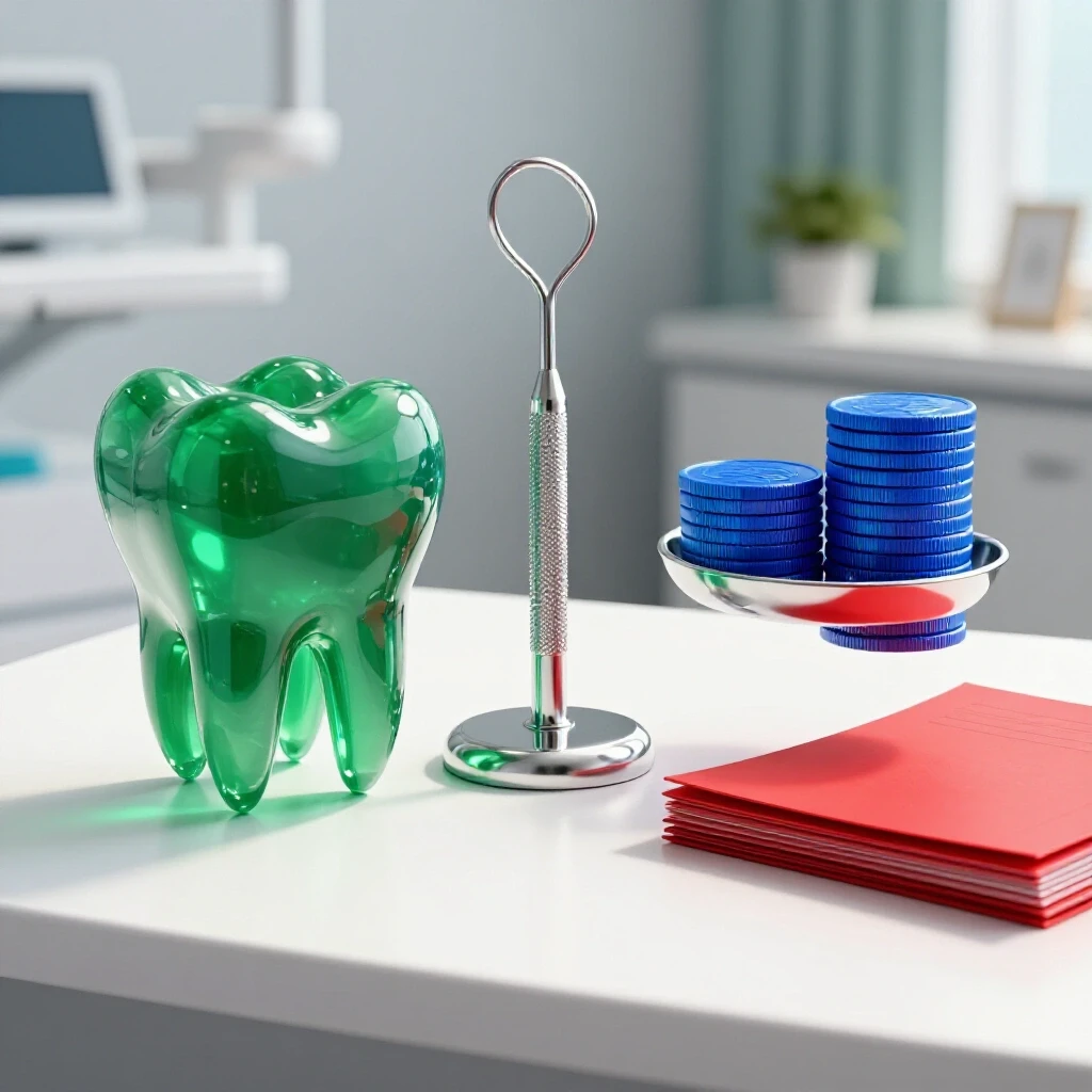A dentist scale with a sparkling green tooth balanced against blue coins and red paperwork, set between clinic and home backgrounds.