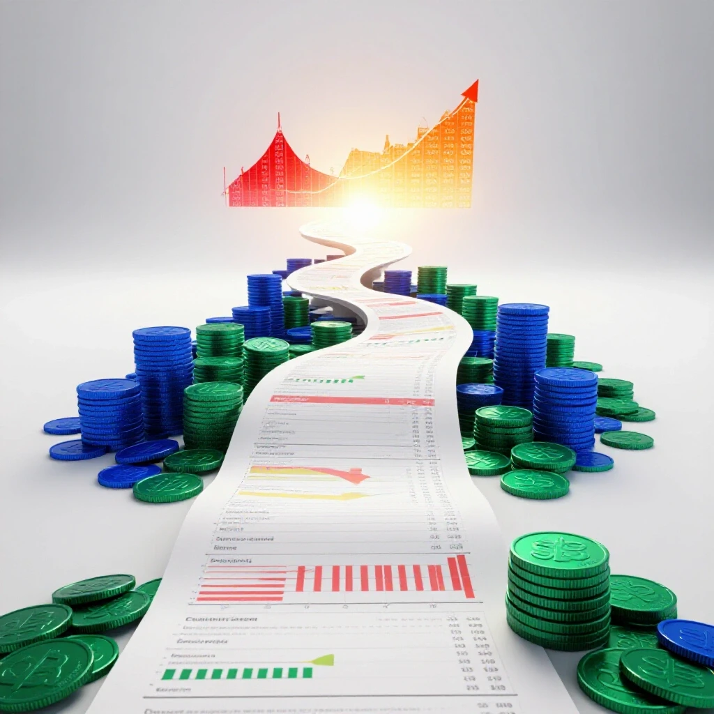 A winding path of spreadsheets and charts rises from a pile of dental tools in debt toward a glowing horizon, illuminated by colorful data graphs.