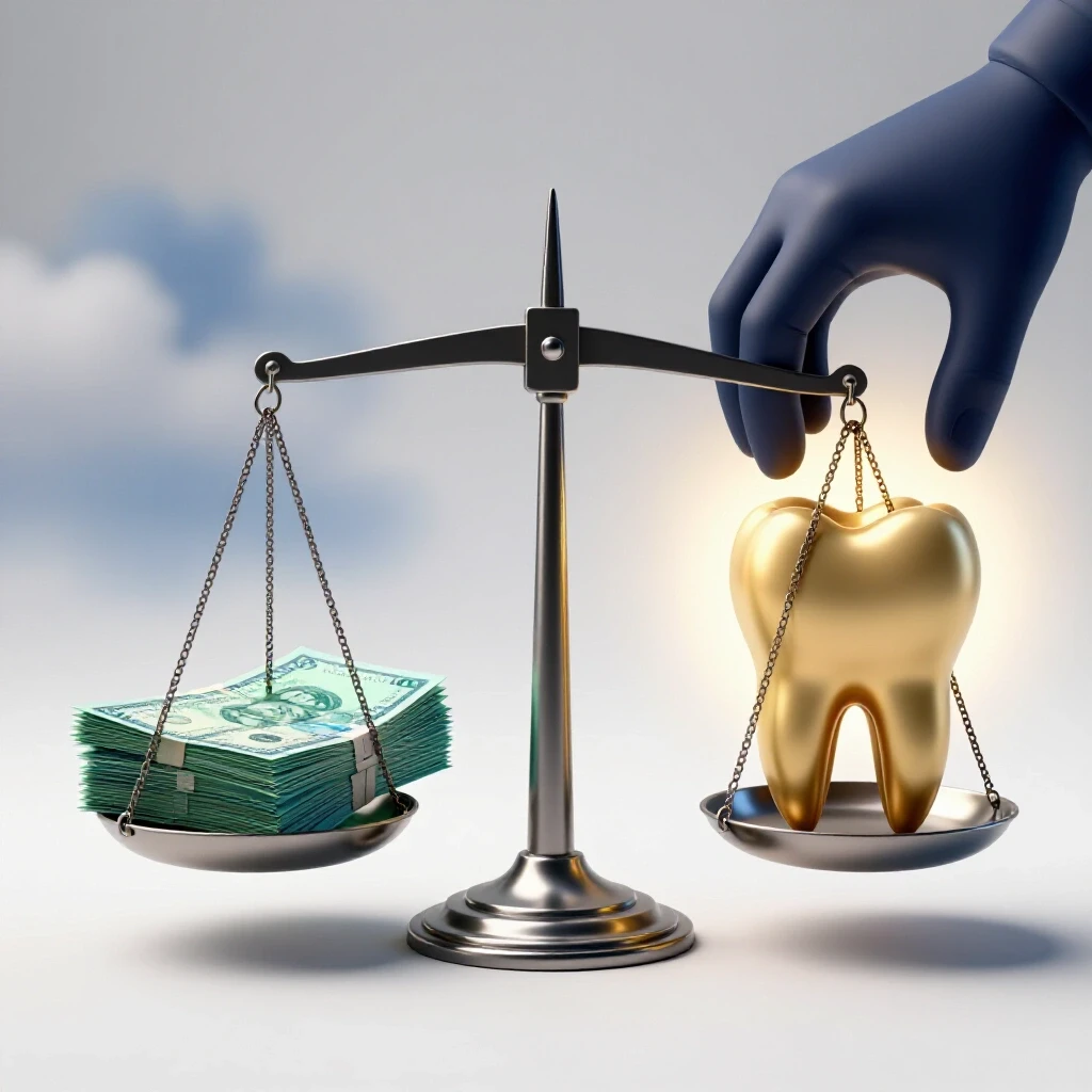 Balanced metallic scale with student loan bills opposite a dentist's hand holding a golden tooth on a bright background