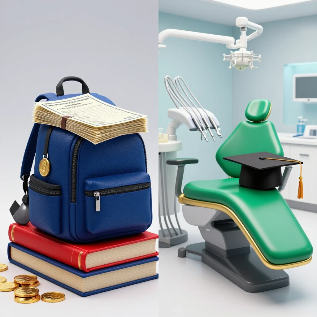 Split scene showing dental student weighed down by books and bills contrasted with modern dental clinic and dentist tools