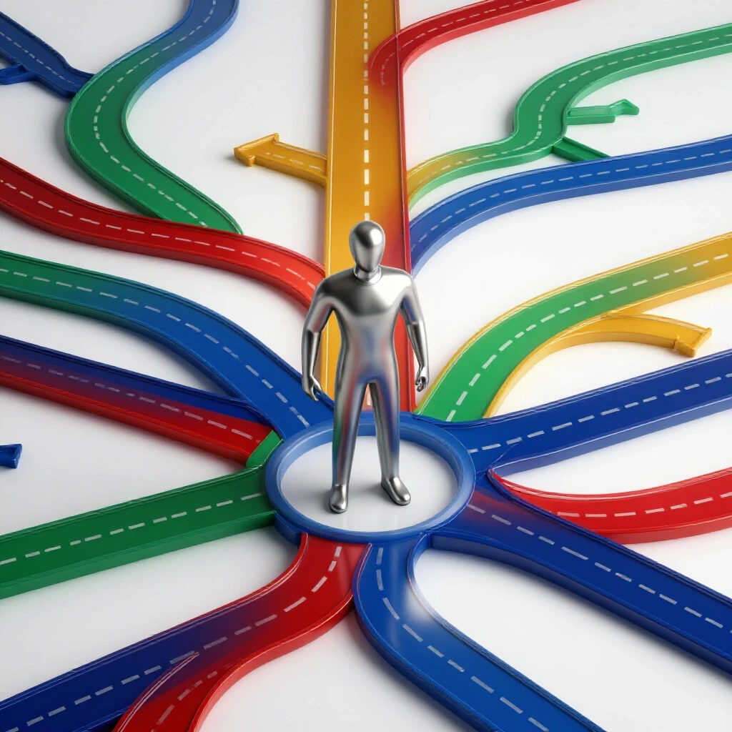 Confident central figure guiding branching academic pathways, vibrant colors on a bright white background illustrating department chair influence.