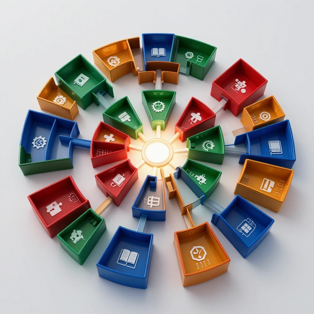 Overhead view of vibrant colored compartments with academic symbols converging to a glowing central hub