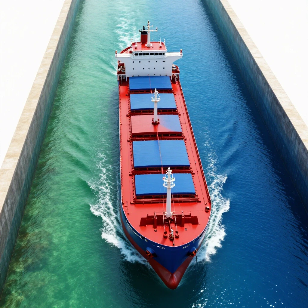 A huge cargo ship sails through a narrow channel bordered by shallow and deep contrasting waters.