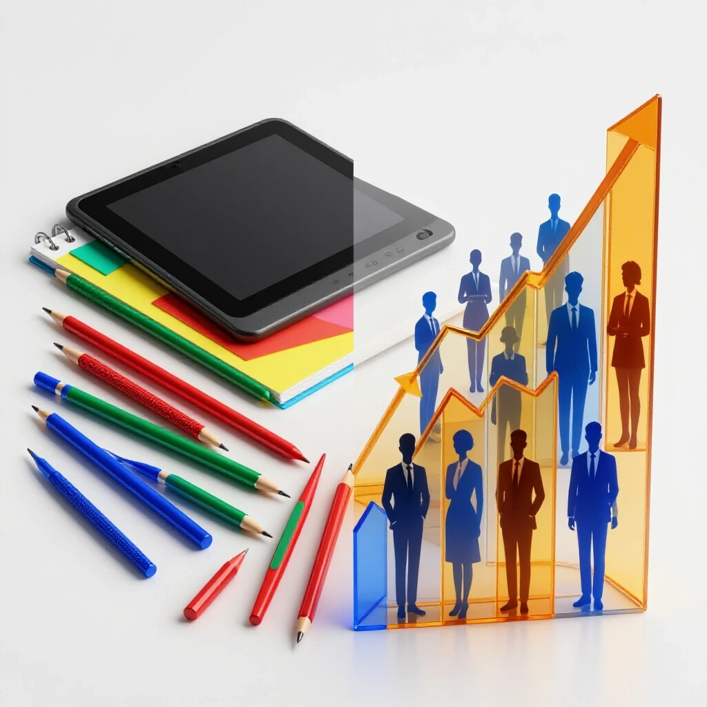 Split scene with creative design tools and upward-trending graphs alongside professional icons, vivid colors on bright background.