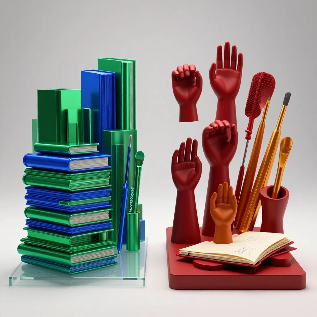 Contrasting formal design education symbols with unconventional creative tools on a bright, clean background.