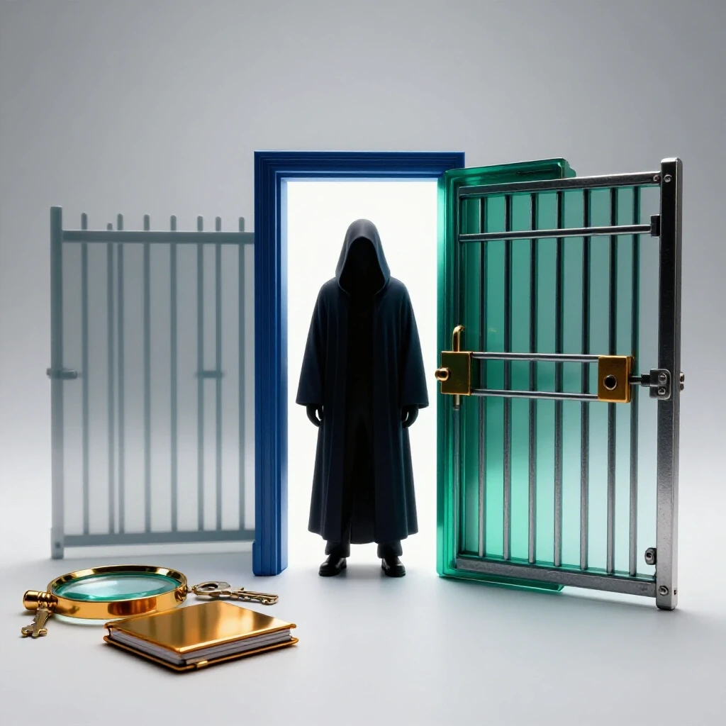 A cloaked figure emerges from shadow into a glowing doorway, detective tools on one side and a fading locked gate on the other, all set against a bright studio background.