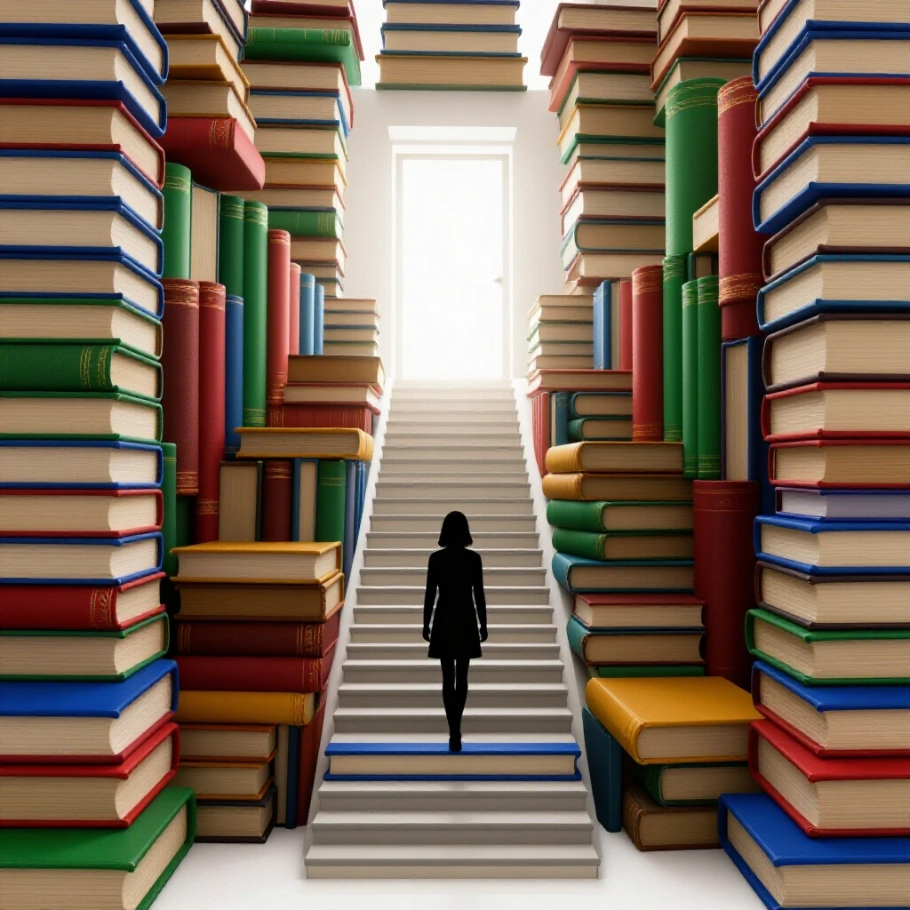 A staircase of oversized, colorful books leads upward to a bright doorway, signaling academic progress.