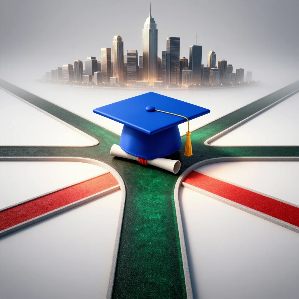 Graduation cap and diploma at a crossroads, one path leading to a bright city skyline, the other fading into uncertainty.