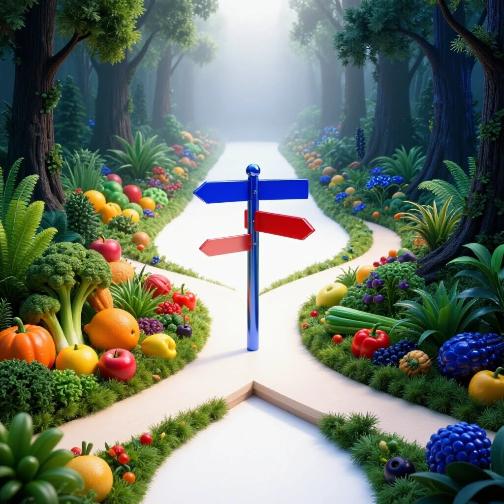 At a bright fork in the road, one path leads to a vibrant garden of fresh foods, the other to a deep foggy forest, symbolizing career choices in dietetics.