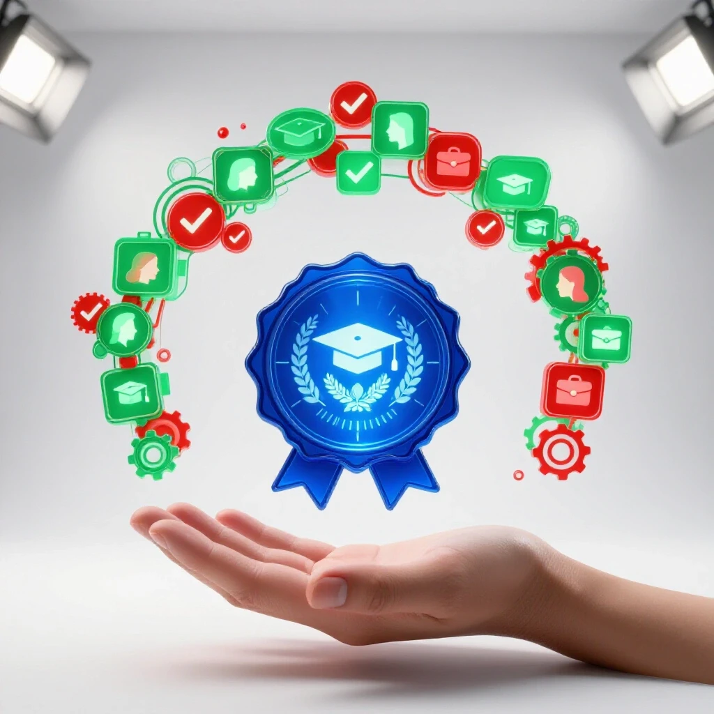 A glowing blue digital badge floats above an open palm, surrounded by digital icons in a bright studio setting.