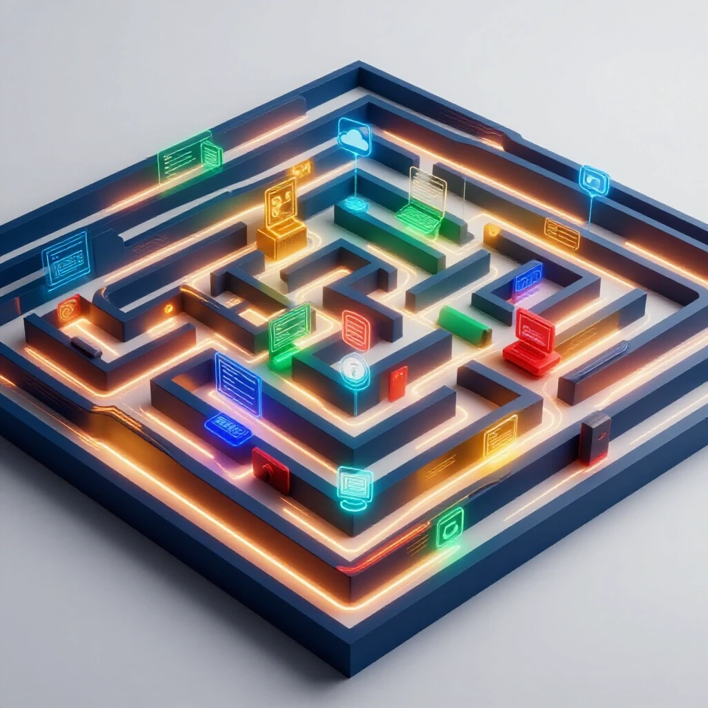 Vibrant maze of glowing digital icons and devices with illuminated pathways on a bright white background.