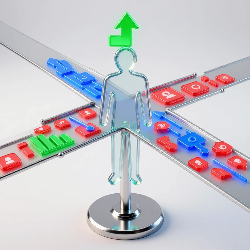 Abstract glass figure stands at crossroads with glowing digital icons on one path amid clean white background.