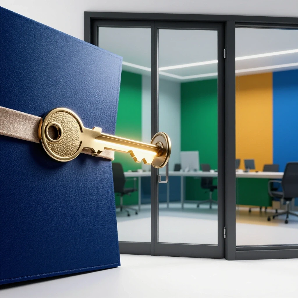 A diploma transforms into a glowing key unlocking a door that reveals a modern, vibrant office scene.