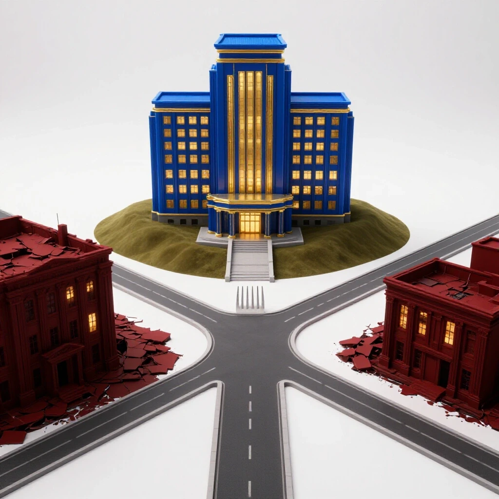 Two contrasting buildings at a crossroads: a bright university on a hill and a crumbling shadowy structure.