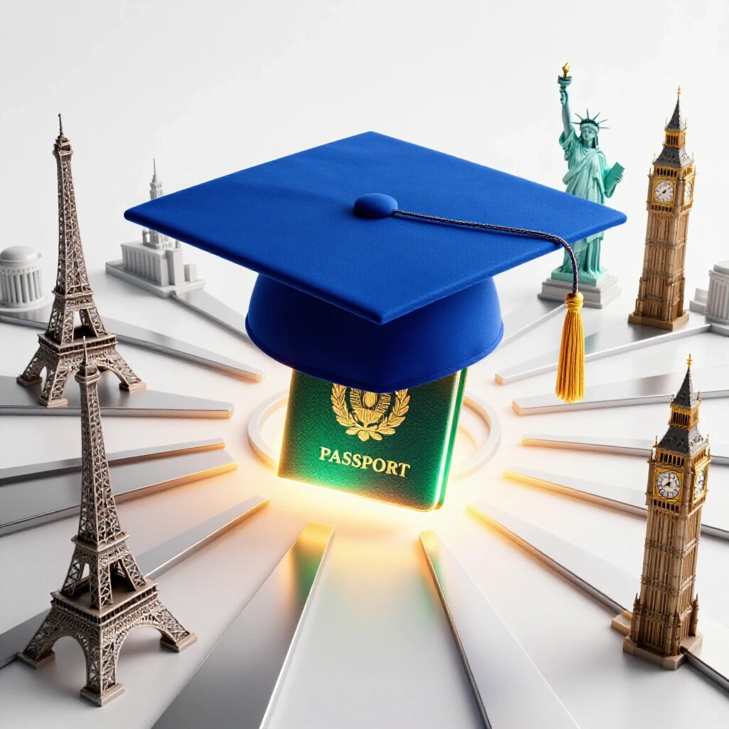 Graduation cap transforming into a glowing passport document, pathways leading to world landmarks, on bright background.