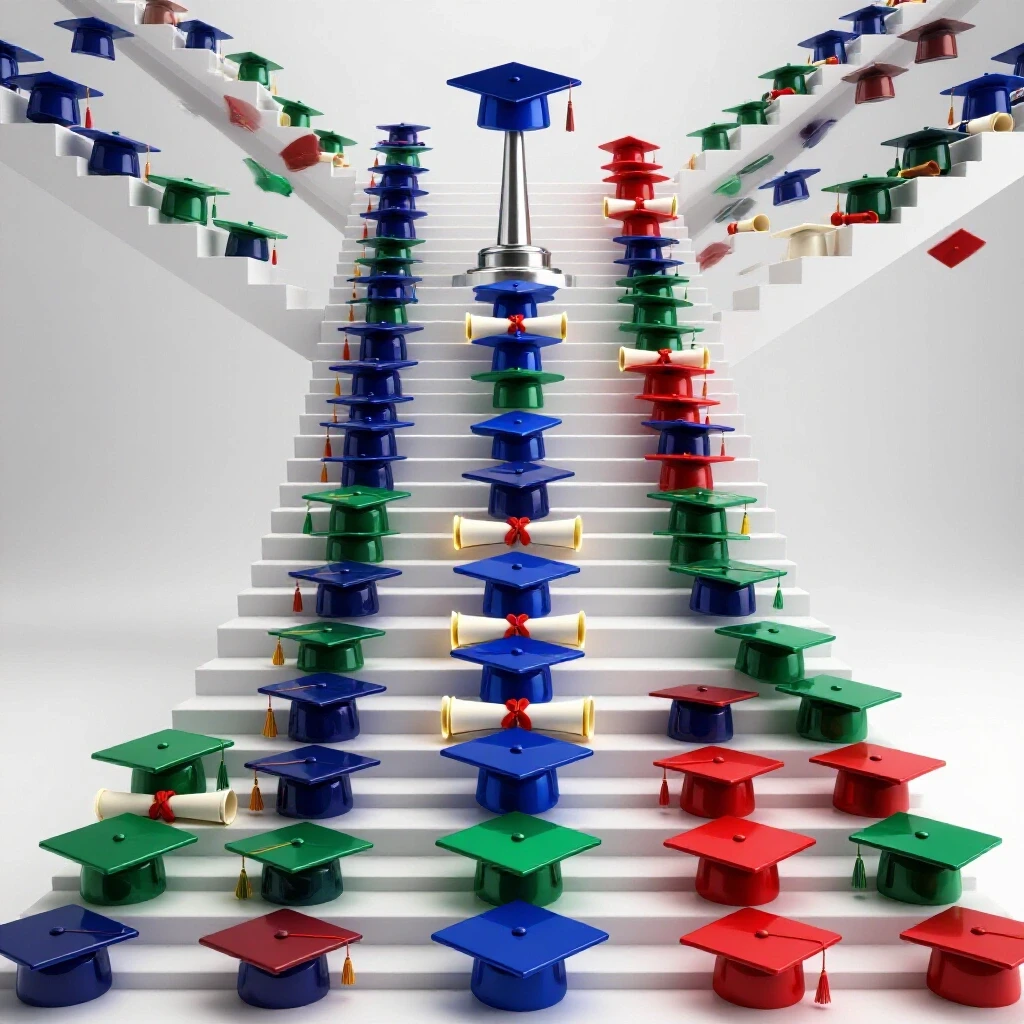 Dynamic upward staircase made of diplomas transforming into glowing degrees on a bright white background