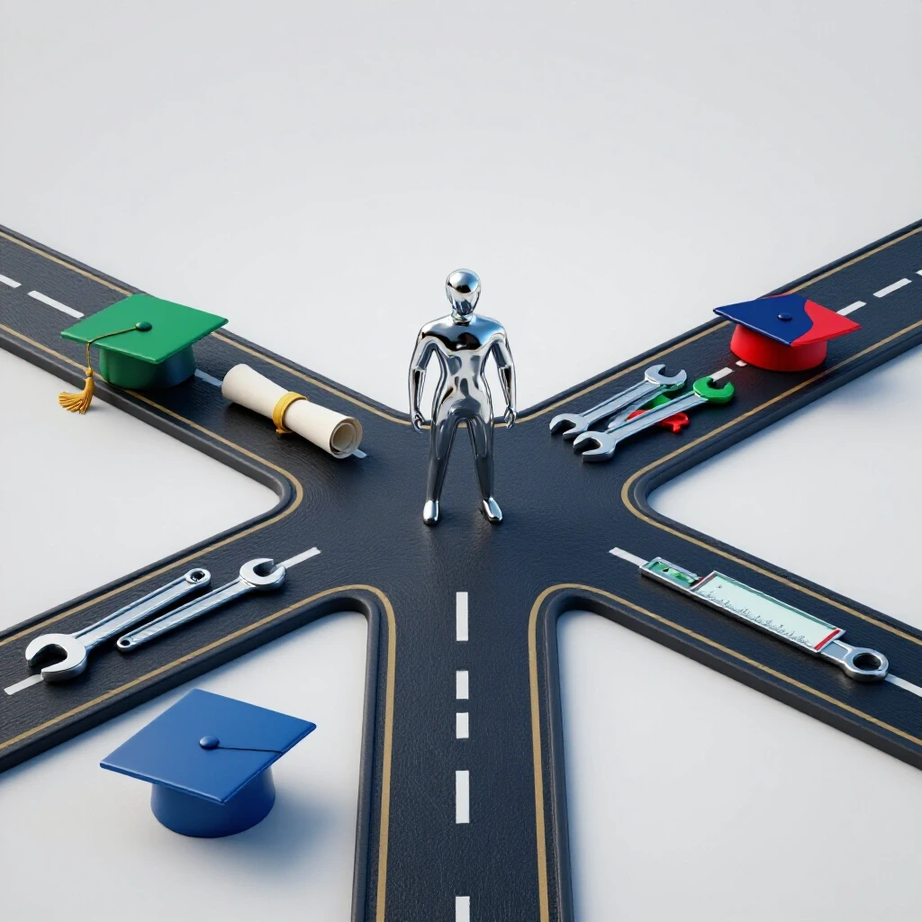 Two diverging paths at a crossroads—one lined with graduation caps, the other with tools and certificates, with a figure hesitating at the intersection.