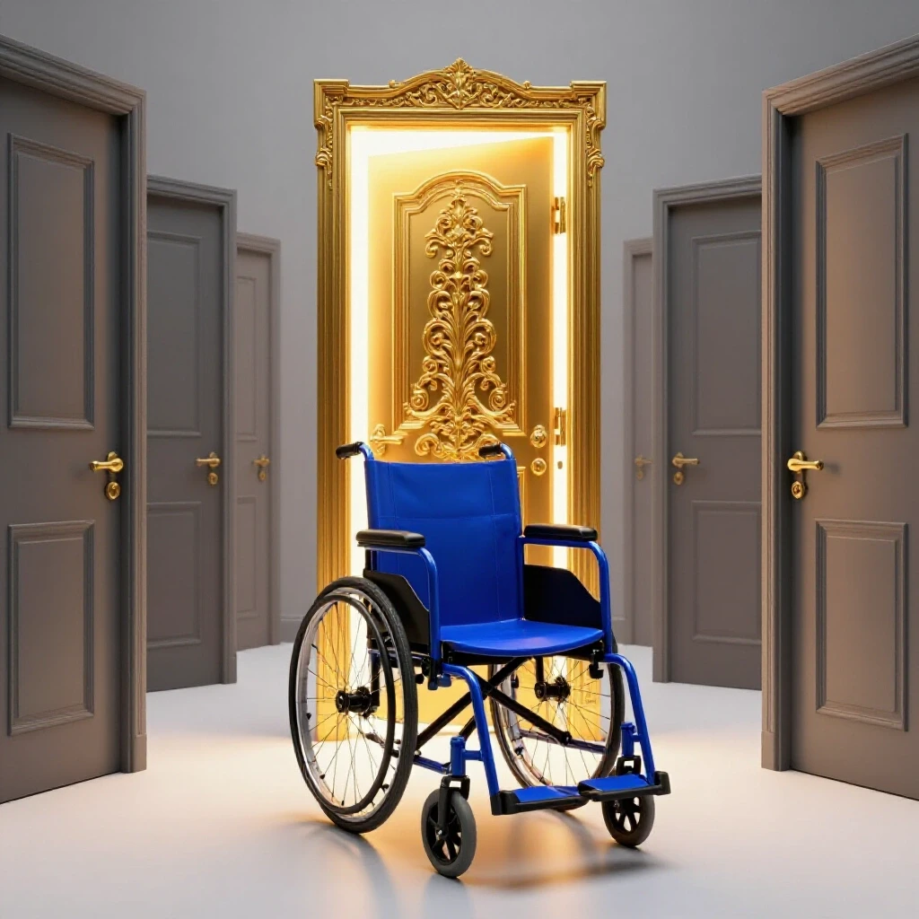 A glossy wheelchair faces an ornate, glowing door amid plain closed doors, bright light spilling out.